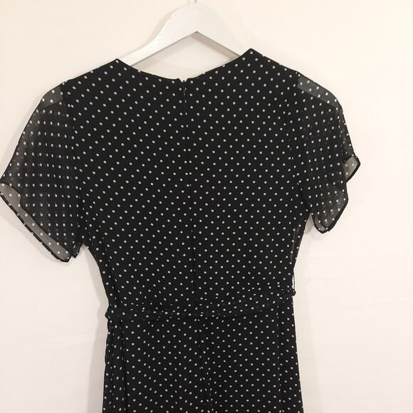 NWT DKNY Black Polka Dot Wrap Style Dress Sz 6 Ruffle Flutter Sleeve Tie Waist - Picture 8 of 11